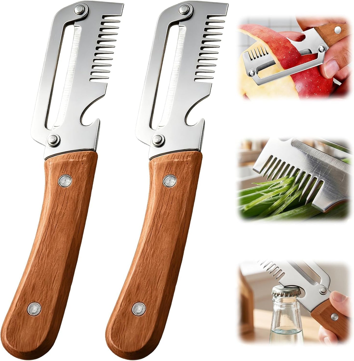 Multifunctional Vegetable Peeler, 2026 New 3 in 1 Stainless Steel Blade Peeler for Kitchen with Wooden Handle and Bottle Opener, Ultra-Sharp Peelers Kitchen Tool for Fruits and Vegetables (2)