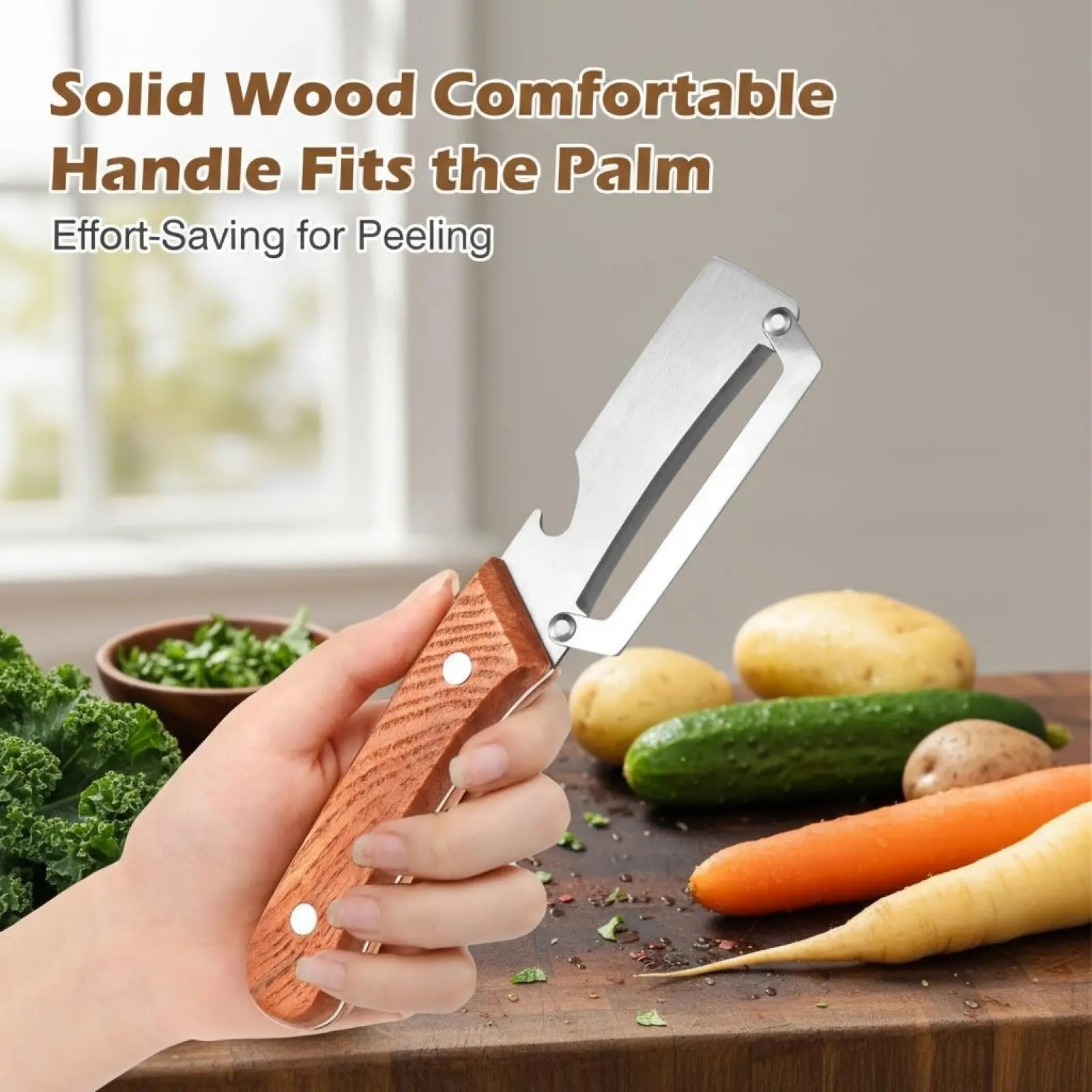 Premium-Grade Fruit & Vegetable Peeler| Sharp Stainless Steel Blade, Ergonomic Wooden Handle + Built-In Bottle Opener – Ideal for Daily Kitchen Use